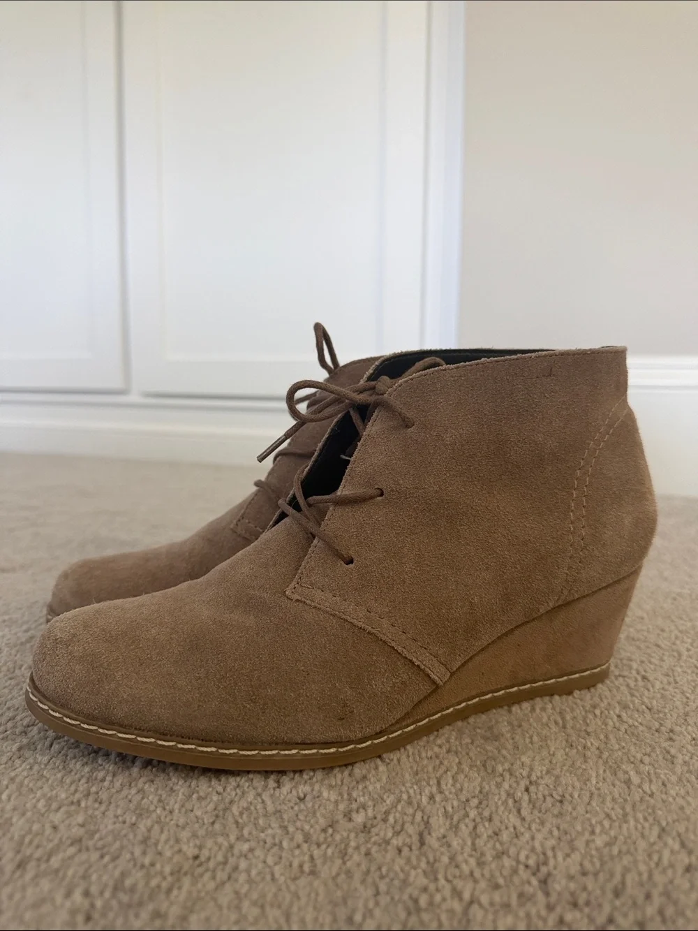 Women's Tan Suede Wedge Ankle Booties - Lace-Up Style
